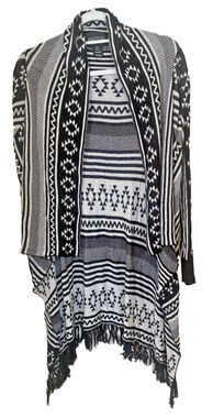 Maddison Black & Gray Sweater Aztec Cardigan Hooded Tassels Small Knit Jacket